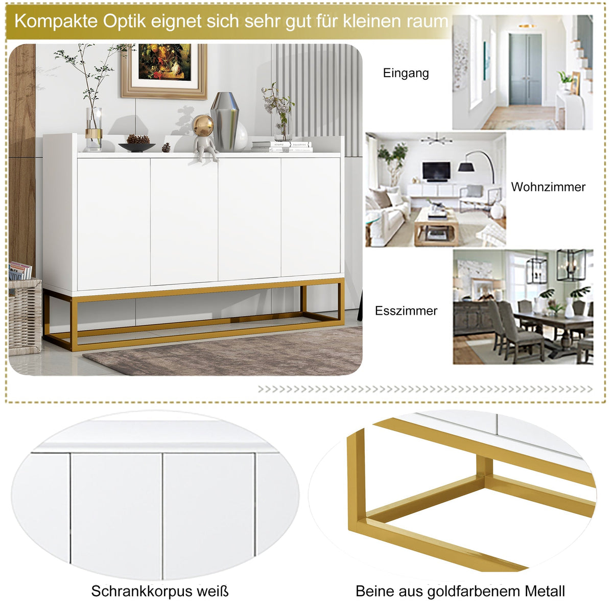 Sideboard, Minimalist 4-Door Handleless Buffet Cabinet, White