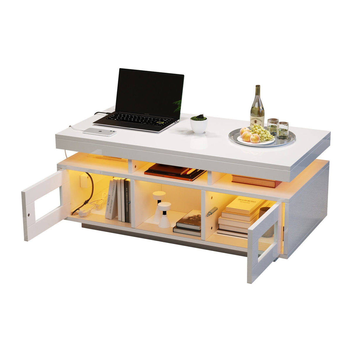Coffee Table 100x50x43cm LED Lights Charging Port High-Gloss White