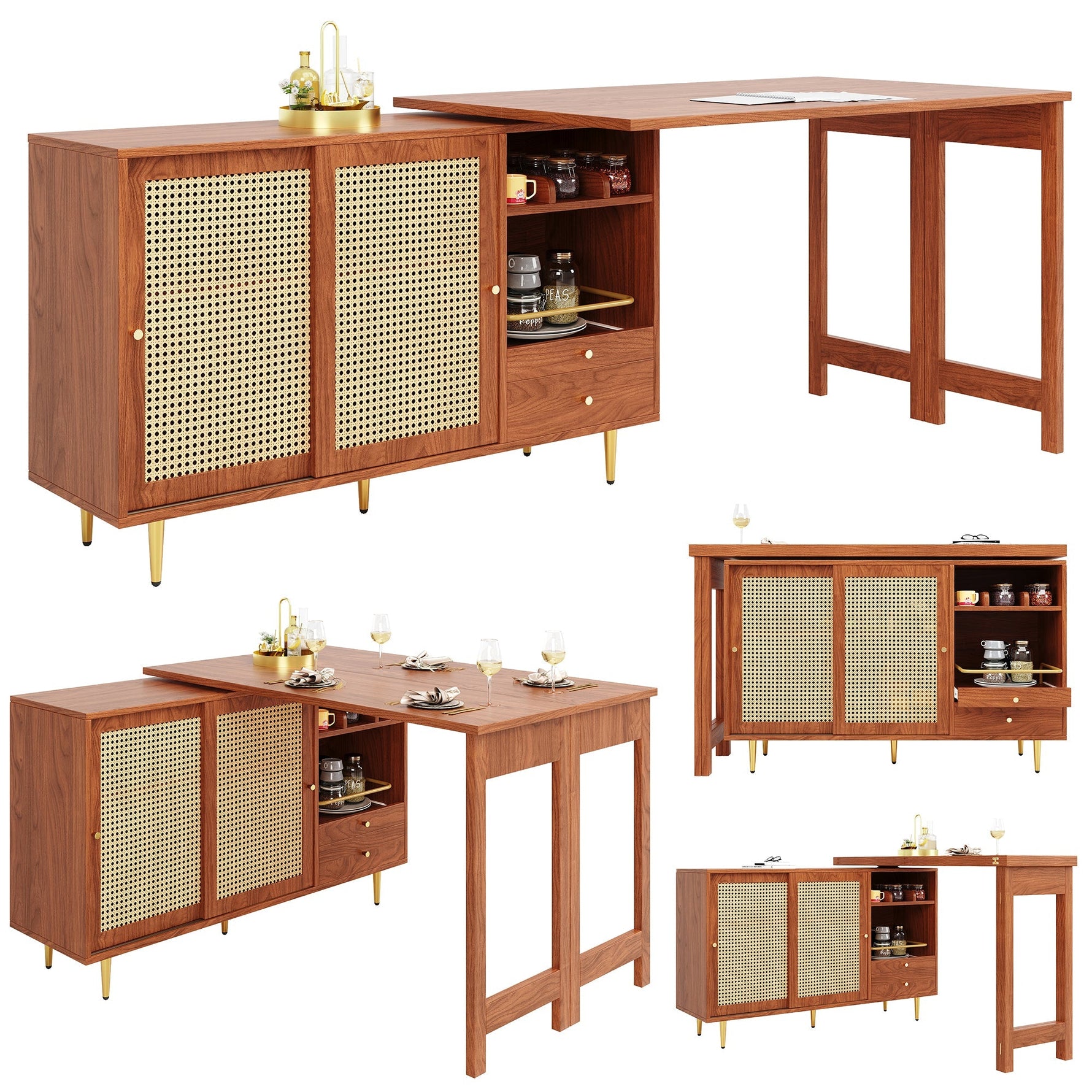 360° Rotating Bar Table Extendable Storage Rattan Door Brown