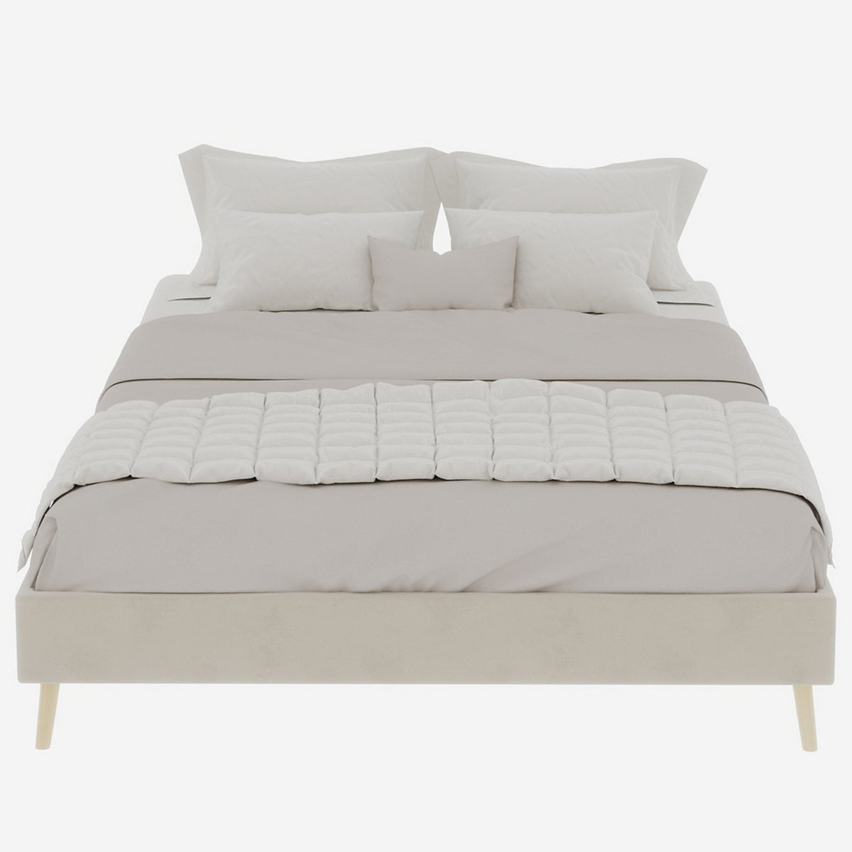 Modern Minimalist Bed Frame, 140x200 cm Low-Profile Base, Beige Dutch Velvet Fabric