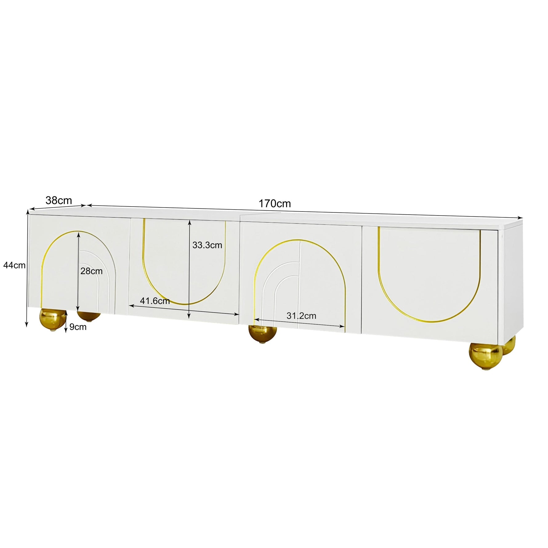 TV Lowboard with Textured Doors, Drawers & Open Compartments - Gold