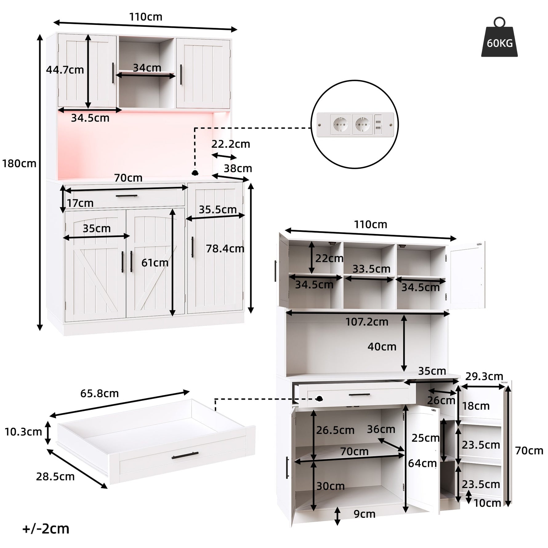 Tall Kitchen Sideboard with LED Strip and Built-in Socket, White