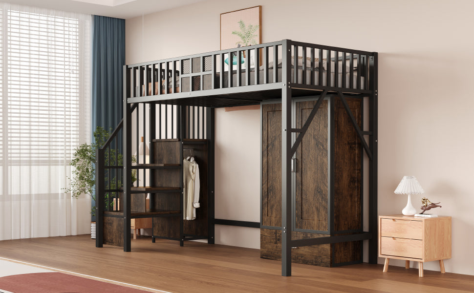 Metal Loft Bed 90x200cm Wardrobe Drawers Storage Ladder - Black
