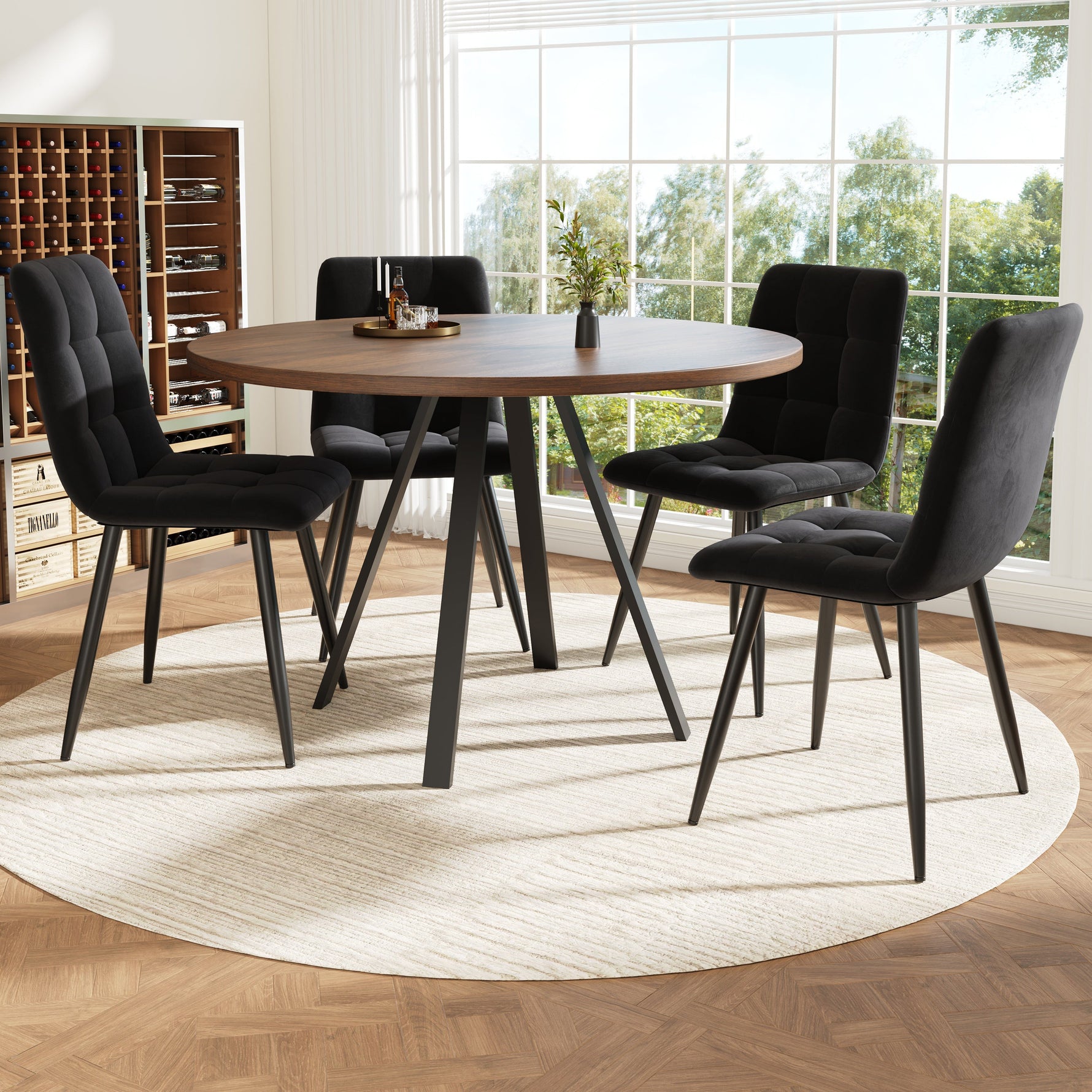 Dining Set 5-Piece Round Table 80cm 4 Chairs Velvet - Walnut/Black