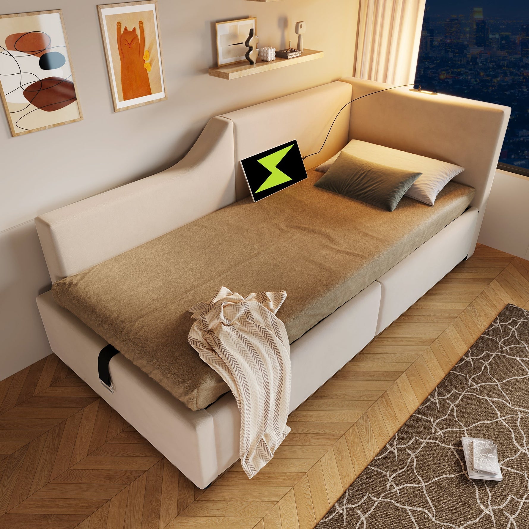 Daybed, 90x200cm Sofa with Hydraulic Storage, Reading Light & USB-C, Velvet Beige