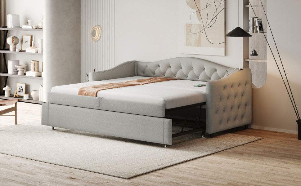 Upholstered Bed Pull-out Sofa Bed, 90 x 200 cm, USB Port, Linen Fabric, Grey