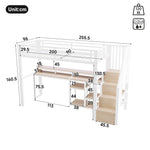 Loft Bed 90x200cm with Ladder Storage & LED, White Metal Frame