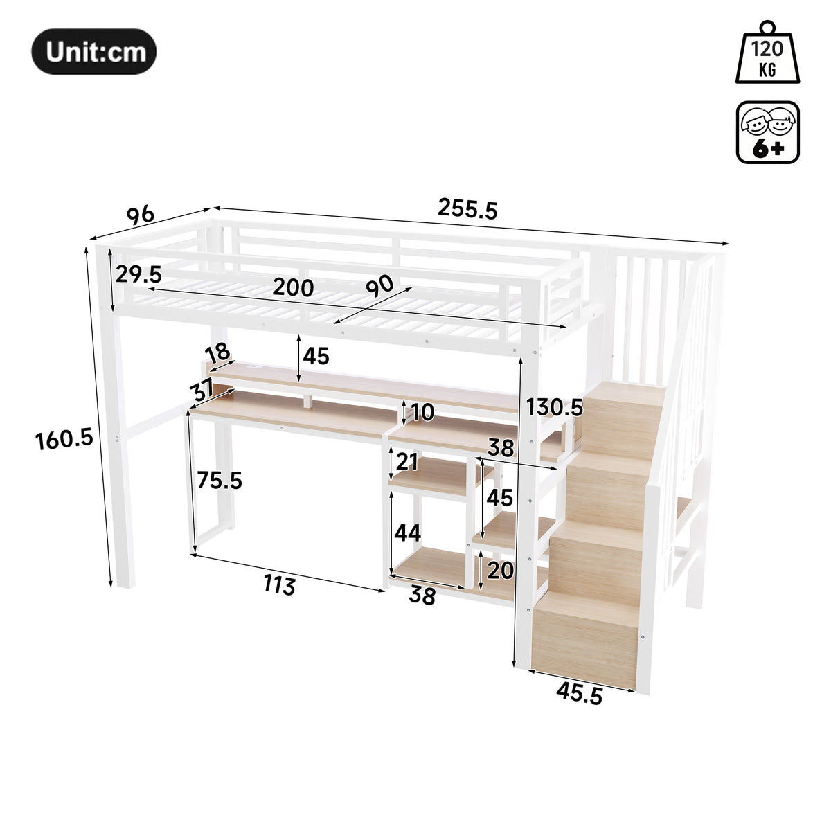 Loft Bed 90x200cm with Ladder Storage & LED, White Metal Frame