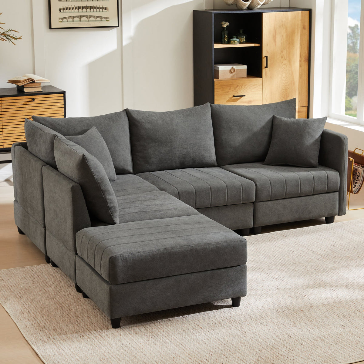Modern Modular Corner Sofa, 5-Seater with Convertible Footstool, Cotton and Linen Grey