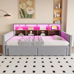 Extendable Upholstered Sofa Bed with LED Headboard, Storage and Charging Ports, Light Grey Velvet