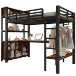 Loft Bed 90x200 cm with Desk, Shelves & Clothes Rack, Black