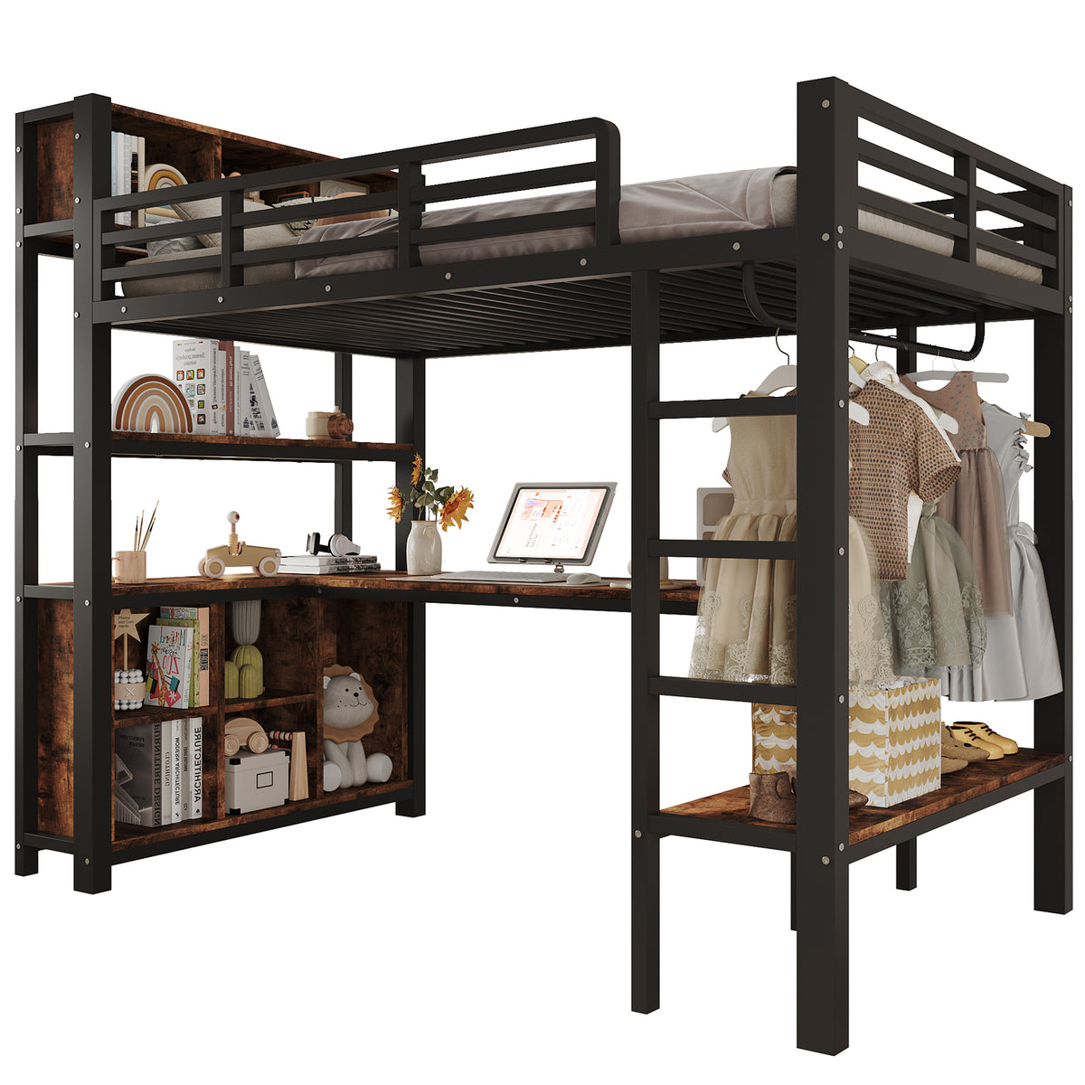 Loft Bed 90x200 cm with Desk, Shelves & Clothes Rack, Black