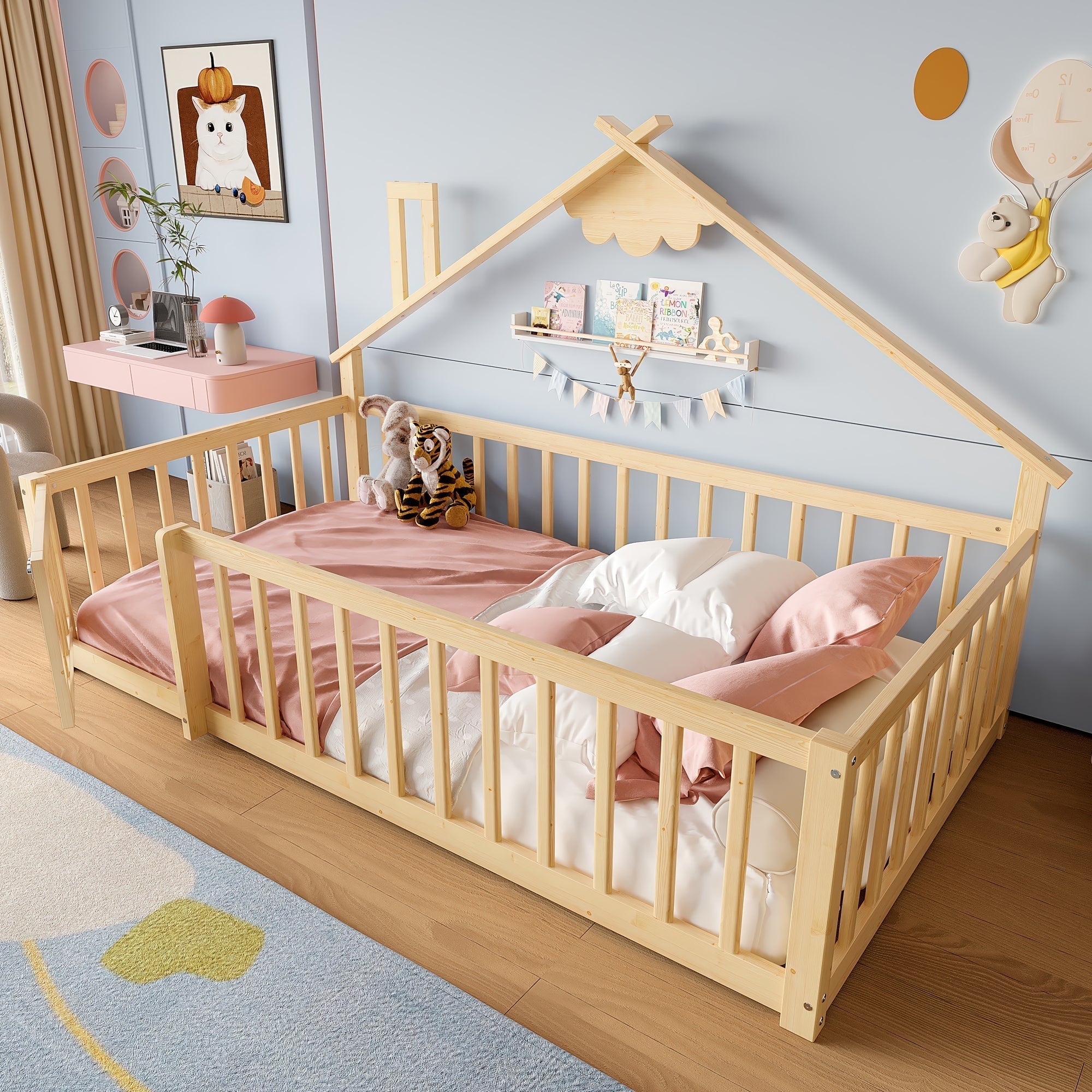 Flatbed 90x190cm House Rail Lockable Railing - Natural Pine Wood