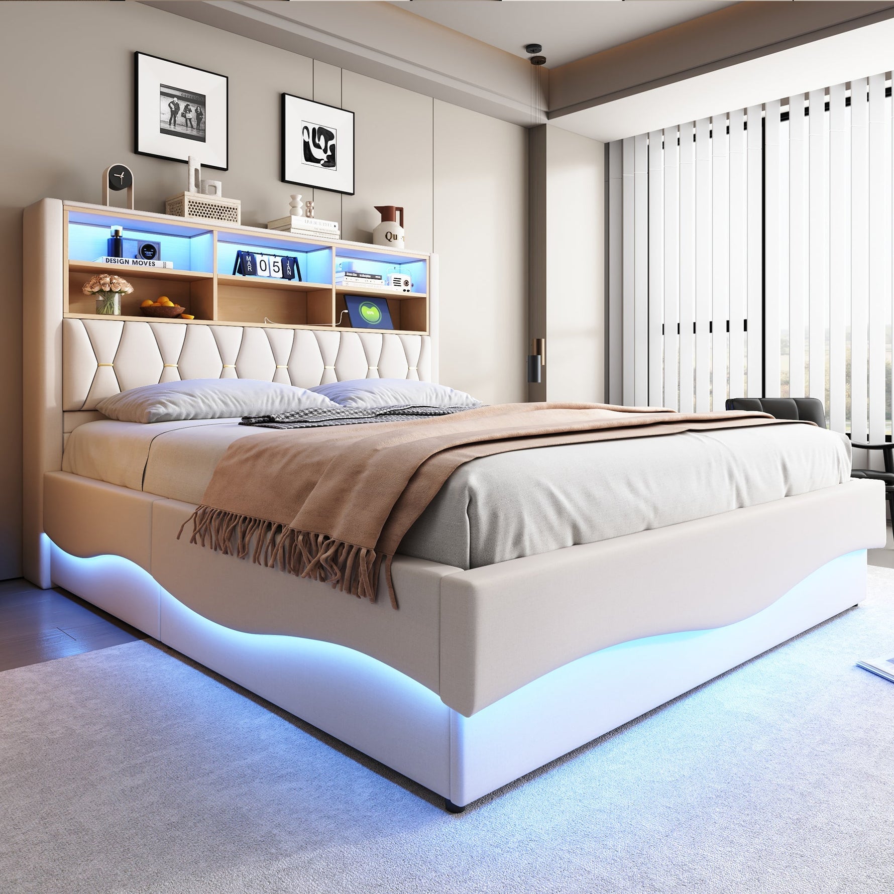 Upholstered Bed 180x200 Hydraulic Storage LED/USB Linen Beige