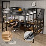 Iron Loft Bed with Desk & Storage, 120x200cm, Black Iron + MDF