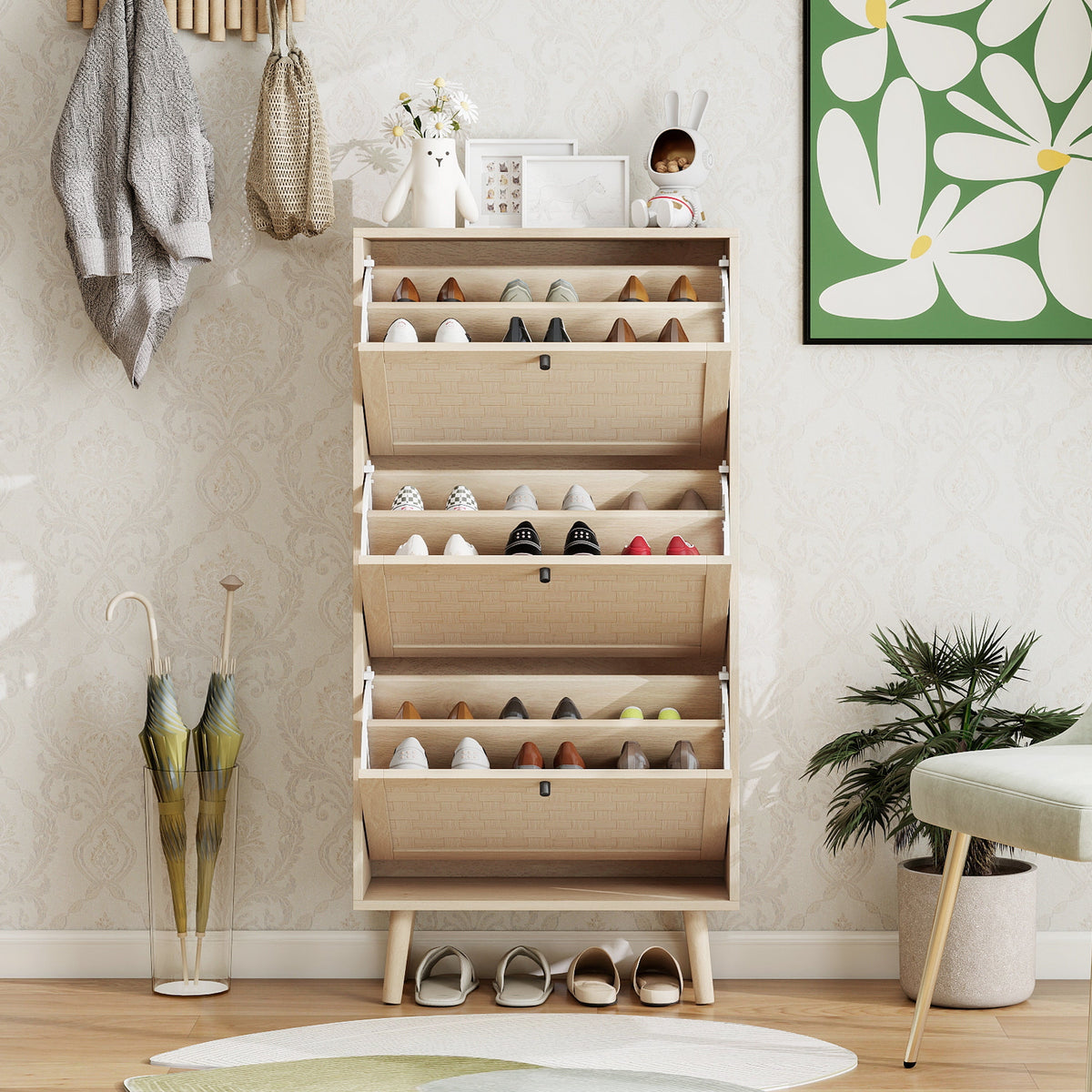 Shoe Cabinet with Three Levels, 121cm High, Natural