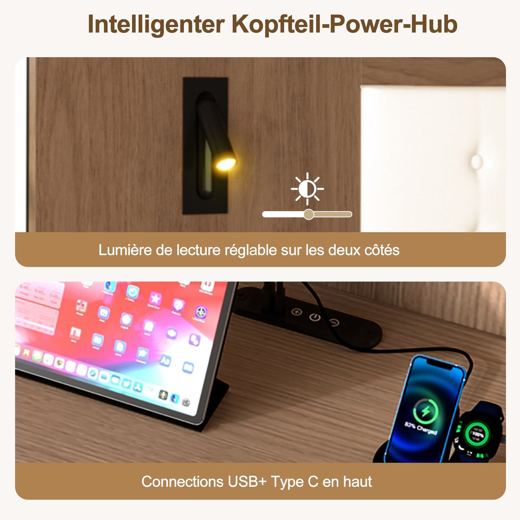 Double Bed with USB Charging Station, Reading Lamp and 2 Bedside Tables, 180x200cm, Walnut Wood Color