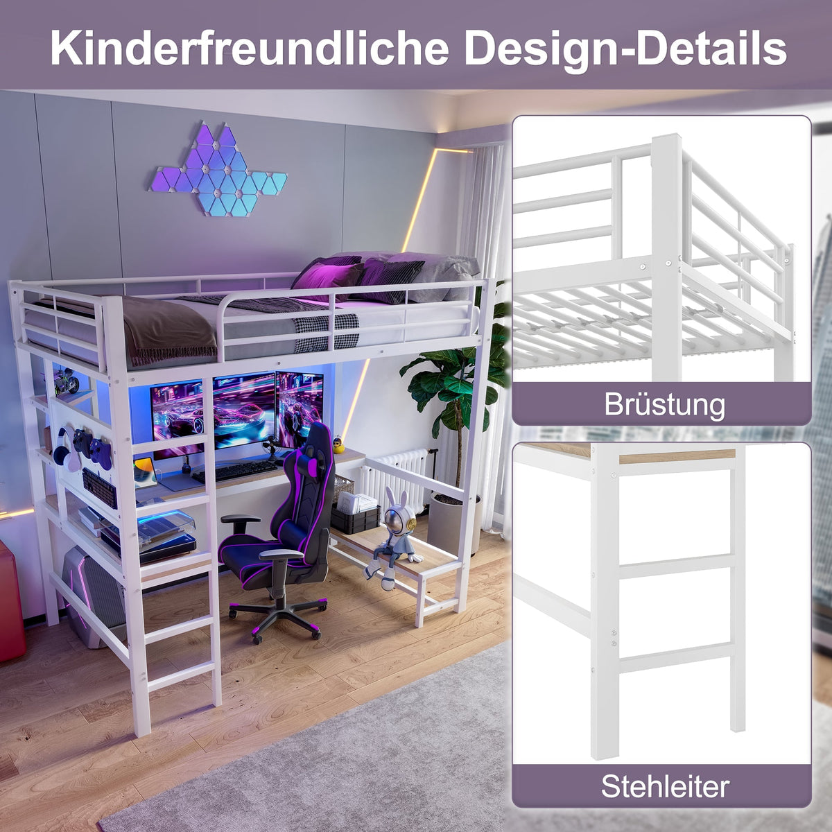 Loft Bed with Desk, USB Sockets, LED Strip and Pegboard, White Metal Frame