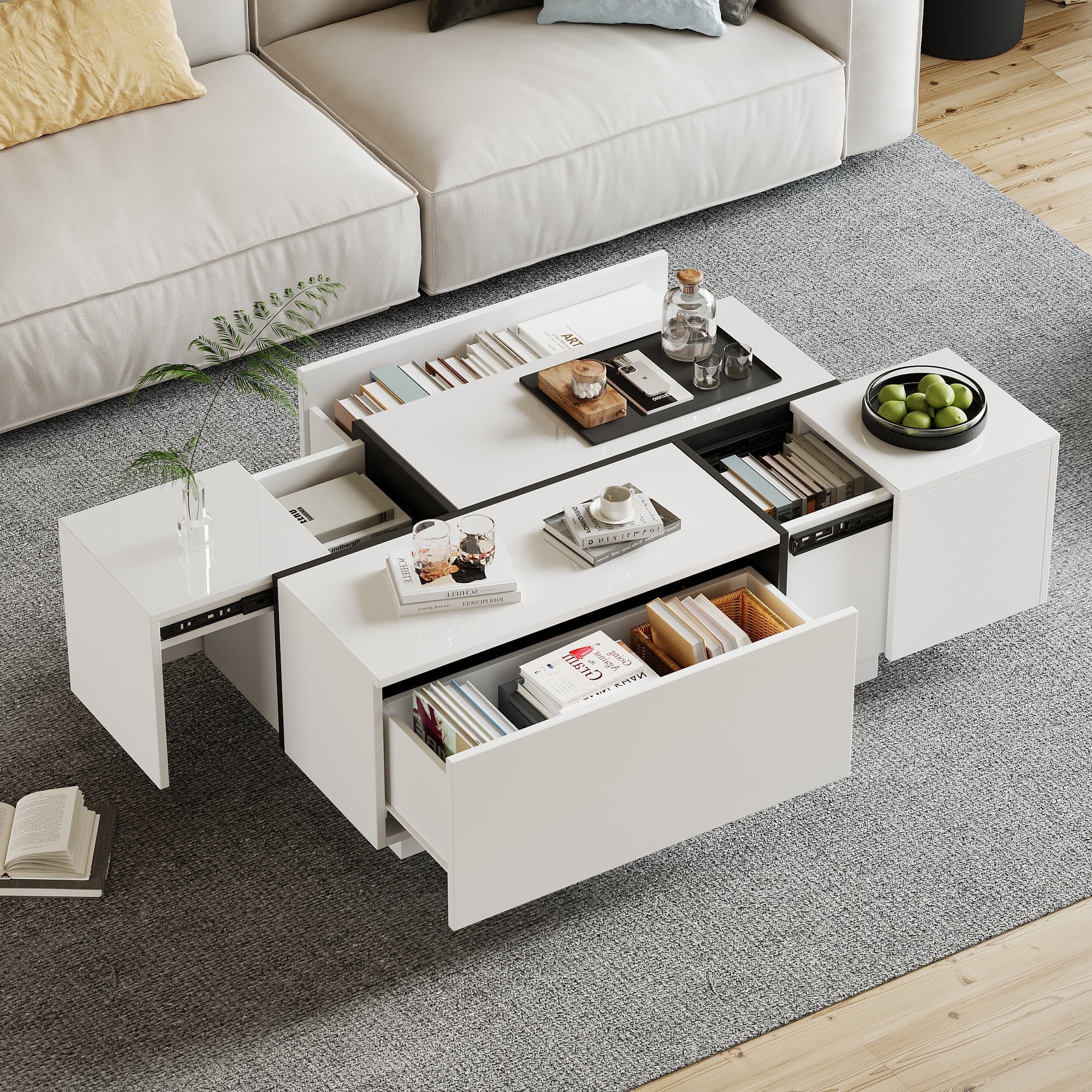 Coffee Table Square, 4 Drawers Sliding Top High-Gloss Finish, White