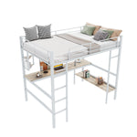 Loft Bed with Desk and Bookshelf, 90x200cm Metal Frame, White