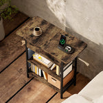 Side Table with Power Strip, 2 Levels, USB Ports, Rustic Brown