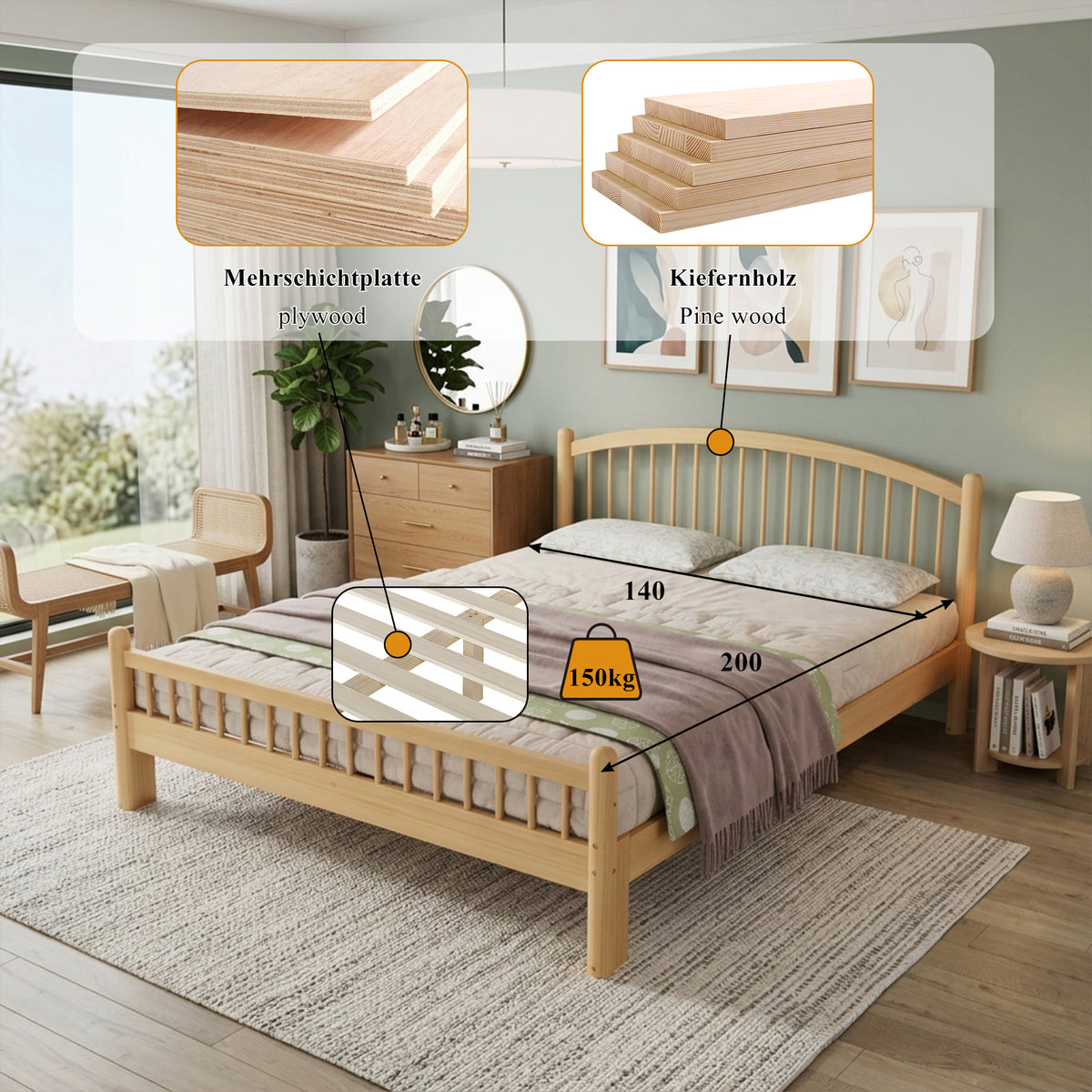 Solid Wood Bed 140x200cm with Slatted Headboard, Natural