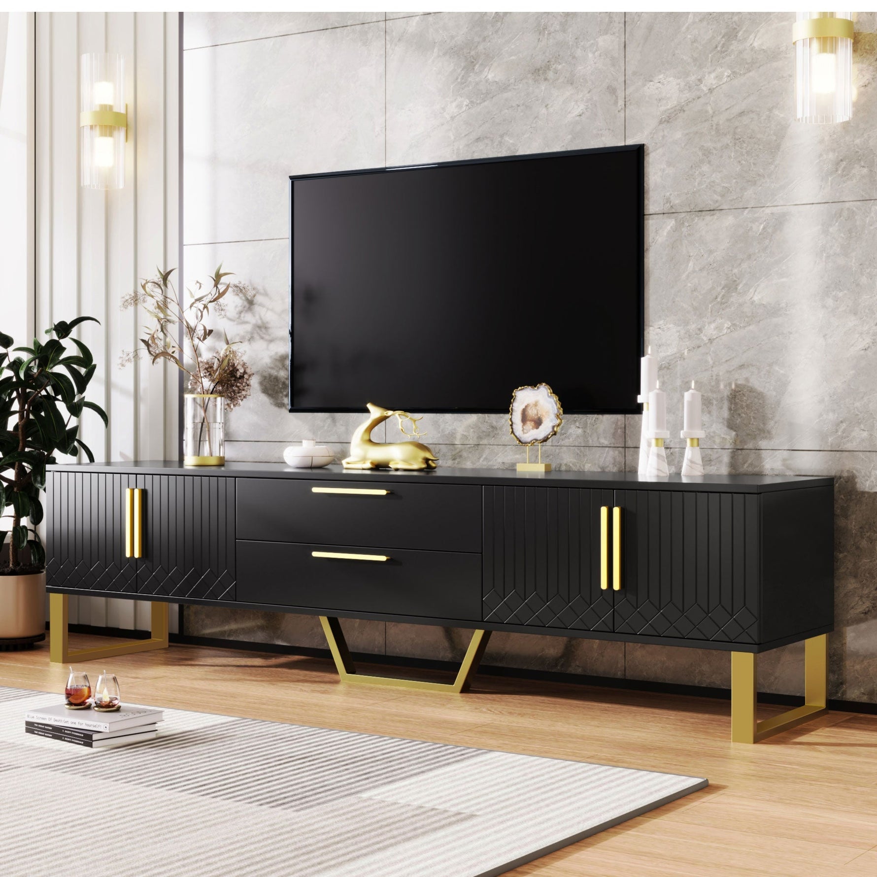 TV Cabinet High-Gloss Engraved Door Storage Gold Handles/Feet