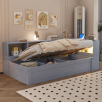 Sofa Bed 90x200cm with Storage, Socket & LED, Grey Wood