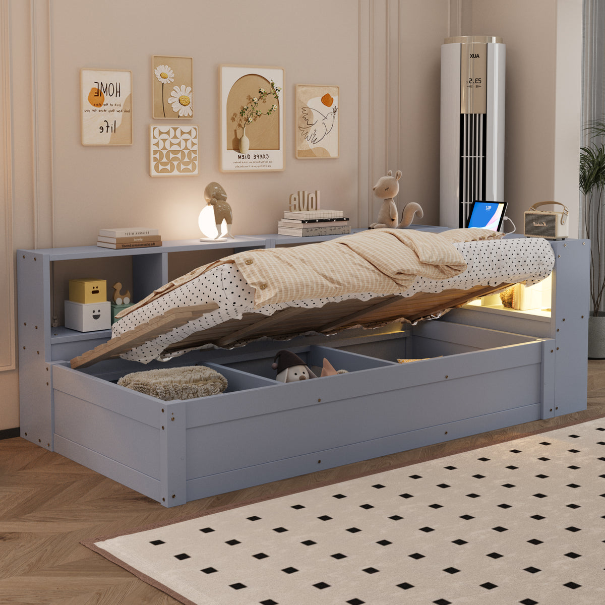 Sofa Bed 90x200cm with Storage, Socket & LED, Grey Wood