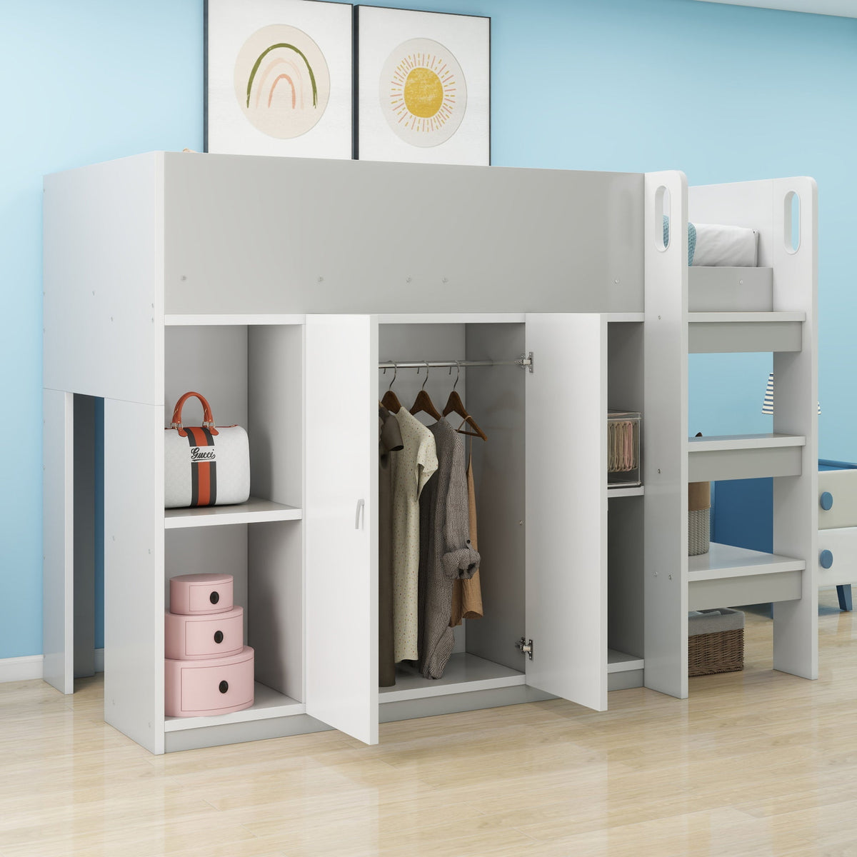 Loft Bed 90*200, Multifunctional with Storage, Wardrobe, Shelves, Ladder, Gray
