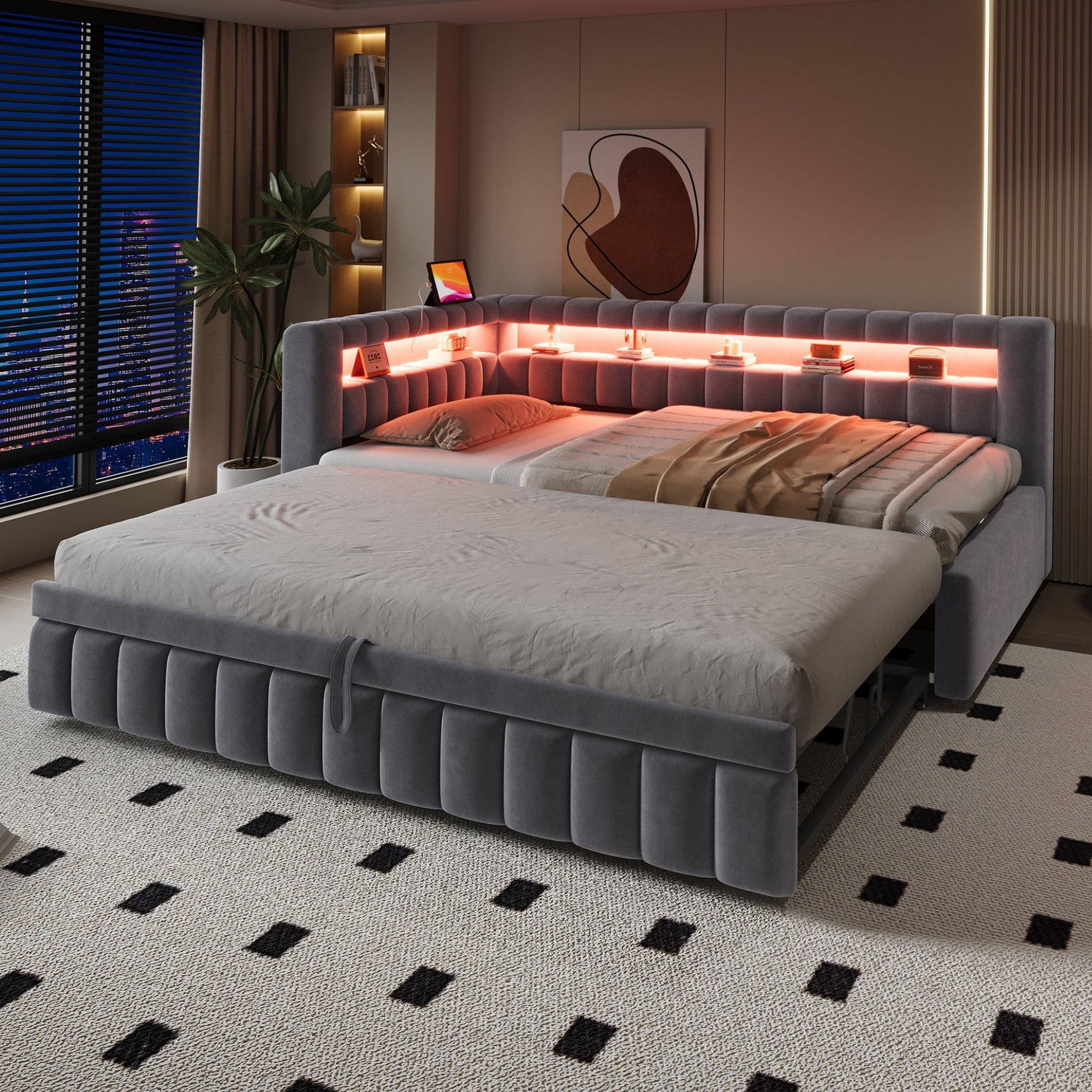 Upholstered Sofa Bed with LED Lighting and USB Charging, 90x200cm, Dark Grey Velvet