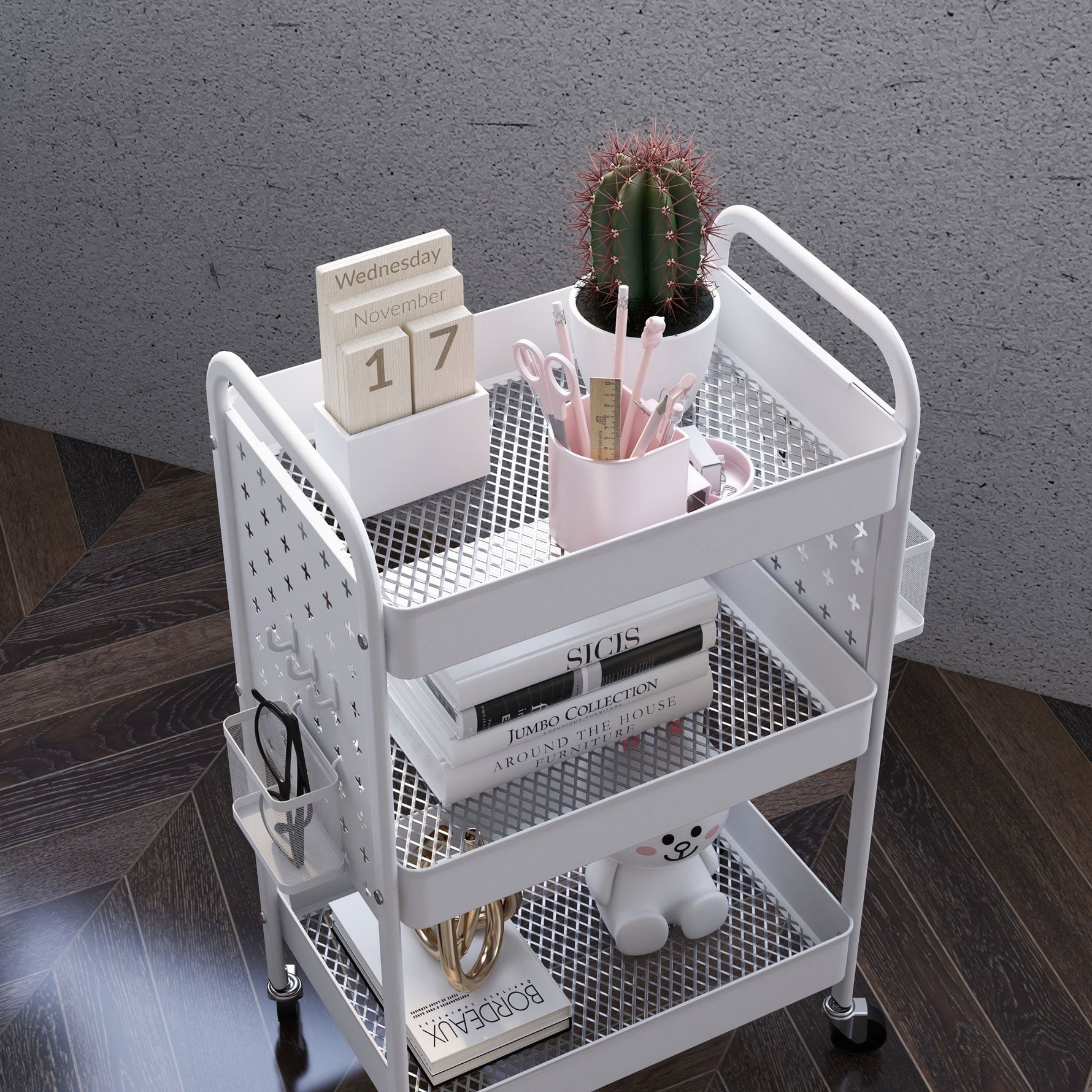 Rolling Cart, 3 Tiers, 2 Hanging Baskets, Steel, White