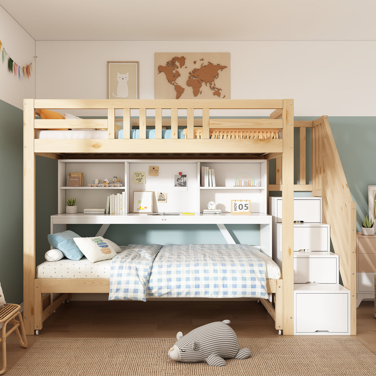 Children's Bunk Bed with Desk & Trundle, White & Oak Wood