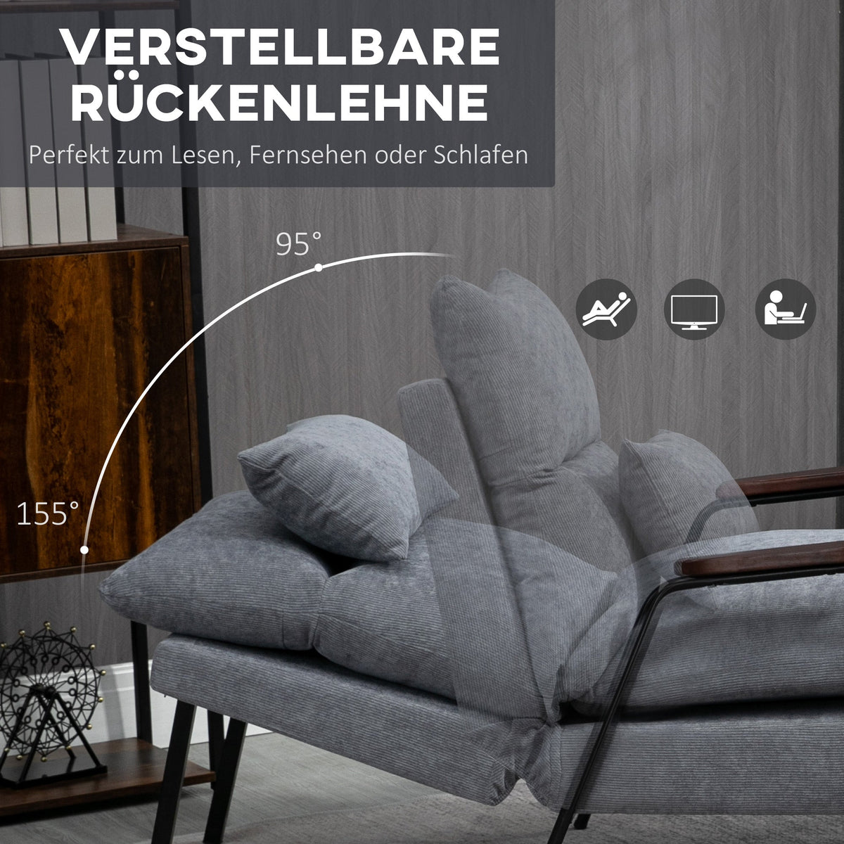 Reclining Armchair with Footstool, Adjustable Backrest Upholstered, Grey