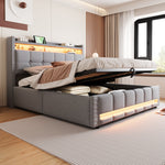 Upholstered Bed 160x200cm LED USB Hydraulic Storage Light Grey Linen Fabric
