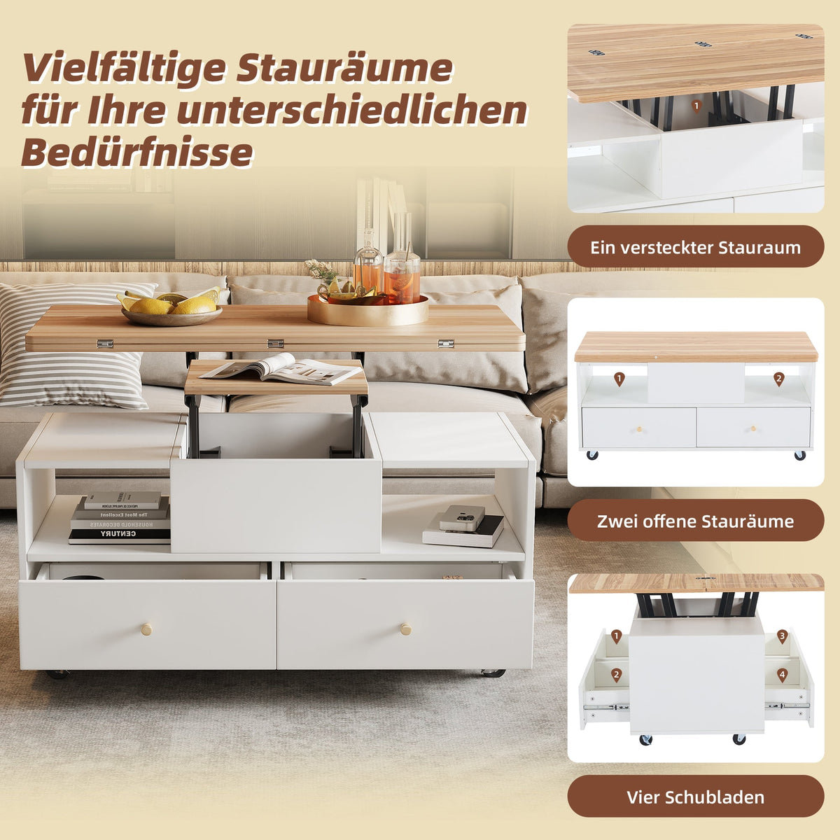 Coffee Table Adjustable Folding 4 Drawers Lift Table Movable Casters
