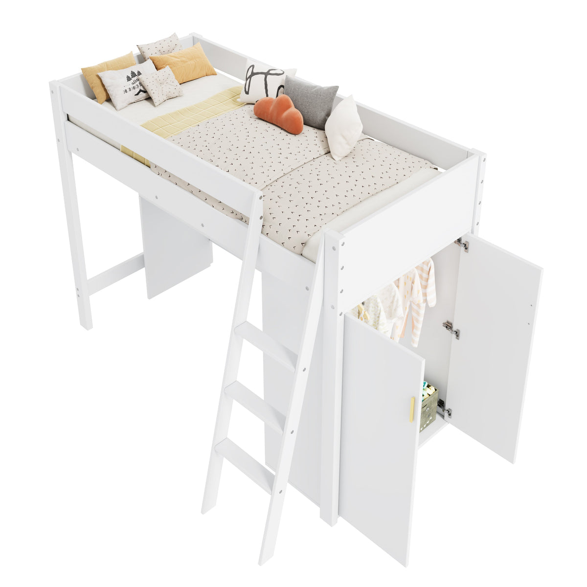Solid Wood Bunk Bed with Desk, Wardrobe & Safety Rails – Kids’ Multifunctional Bed