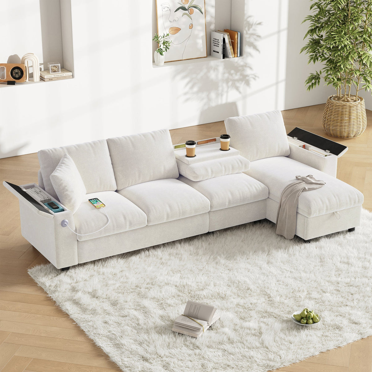 Chenille L-Shape Sofa Reversible Storage Armrests Fold-Out Table USB/Type-C - Beige