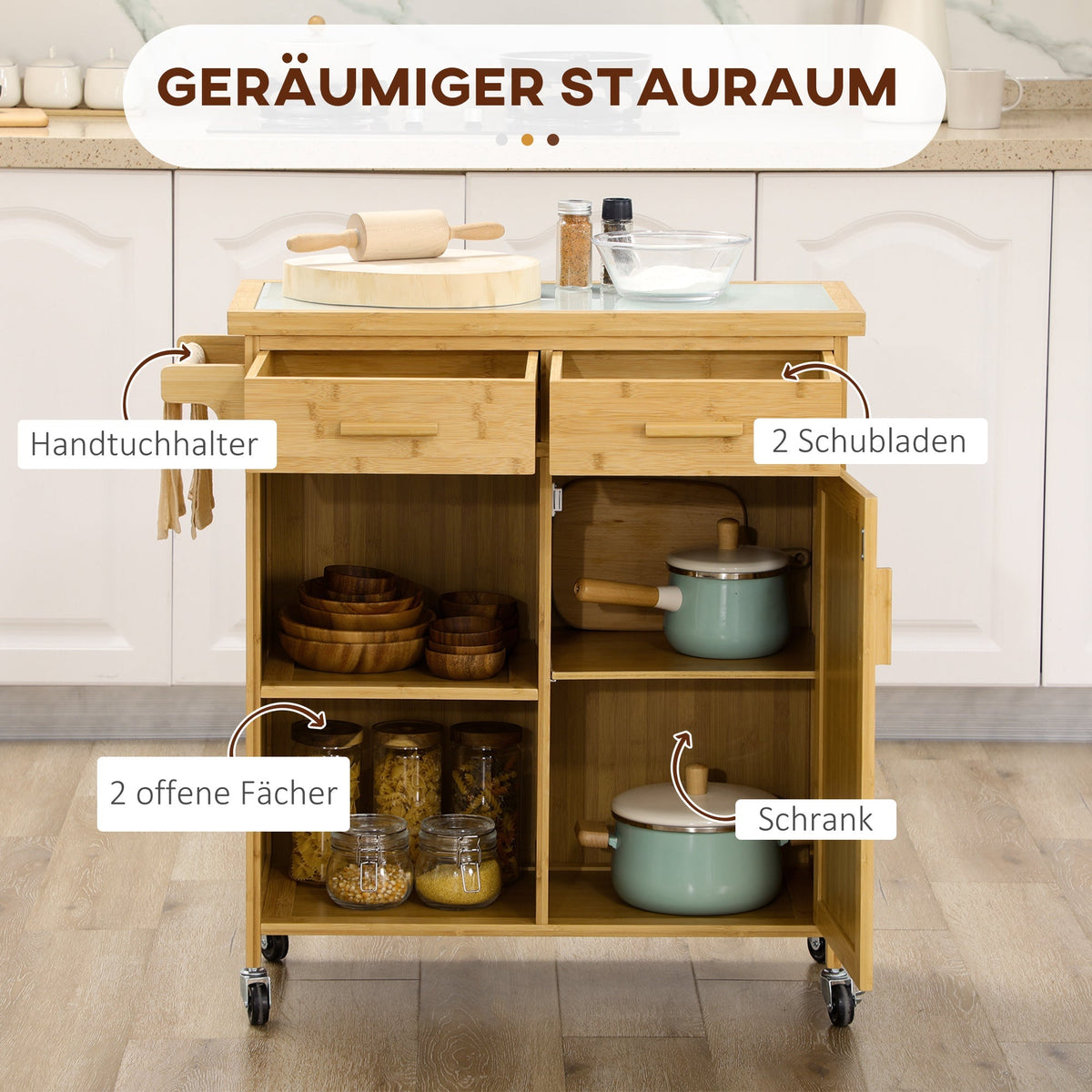 Kitchen Trolley Serving Trolley Drawer Cabinet Towel Rack Bamboo Natural