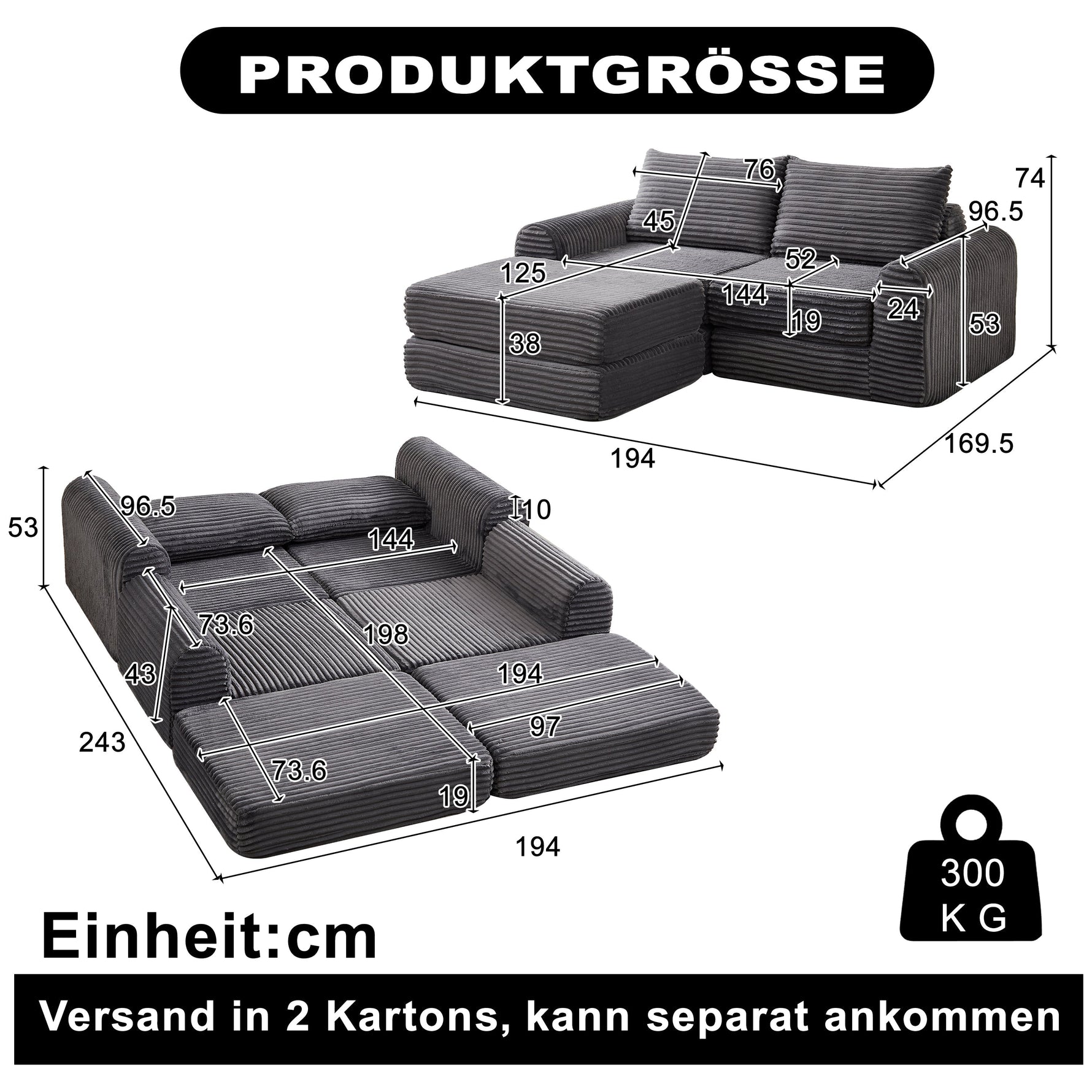 Corduroy 2-in-1 Sofa Bed with Two Pillows and Removable Footstool, Corduroy