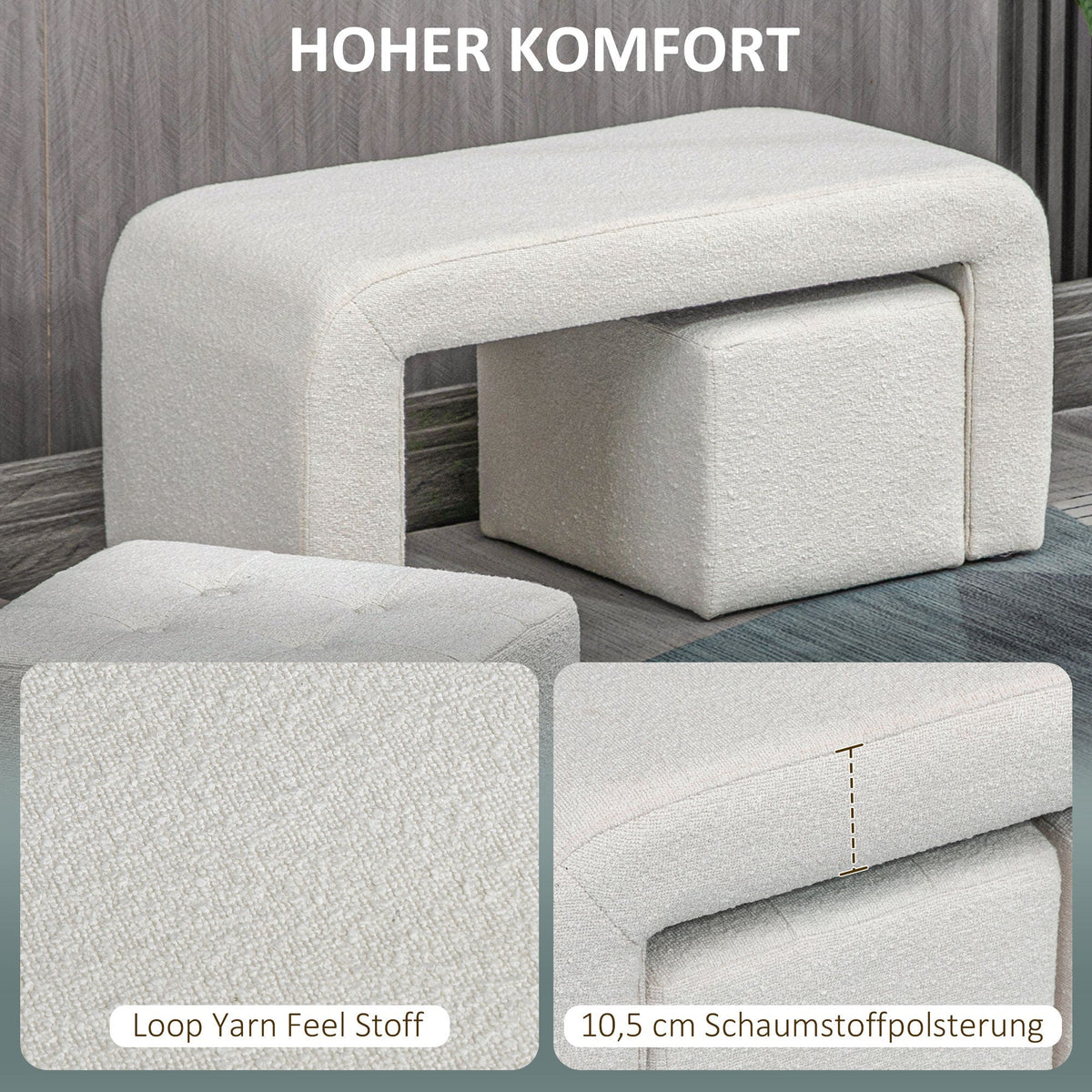 Footstool Set, 3-Piece Ottoman Seat, Upholstered, Elegant White