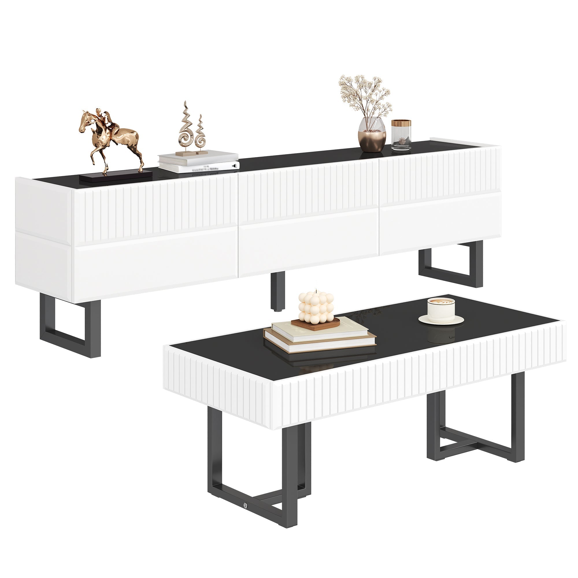 Coffee Table and TV Cabinet Set Modern Minimalist Storage Furniture - Black and White Stripe