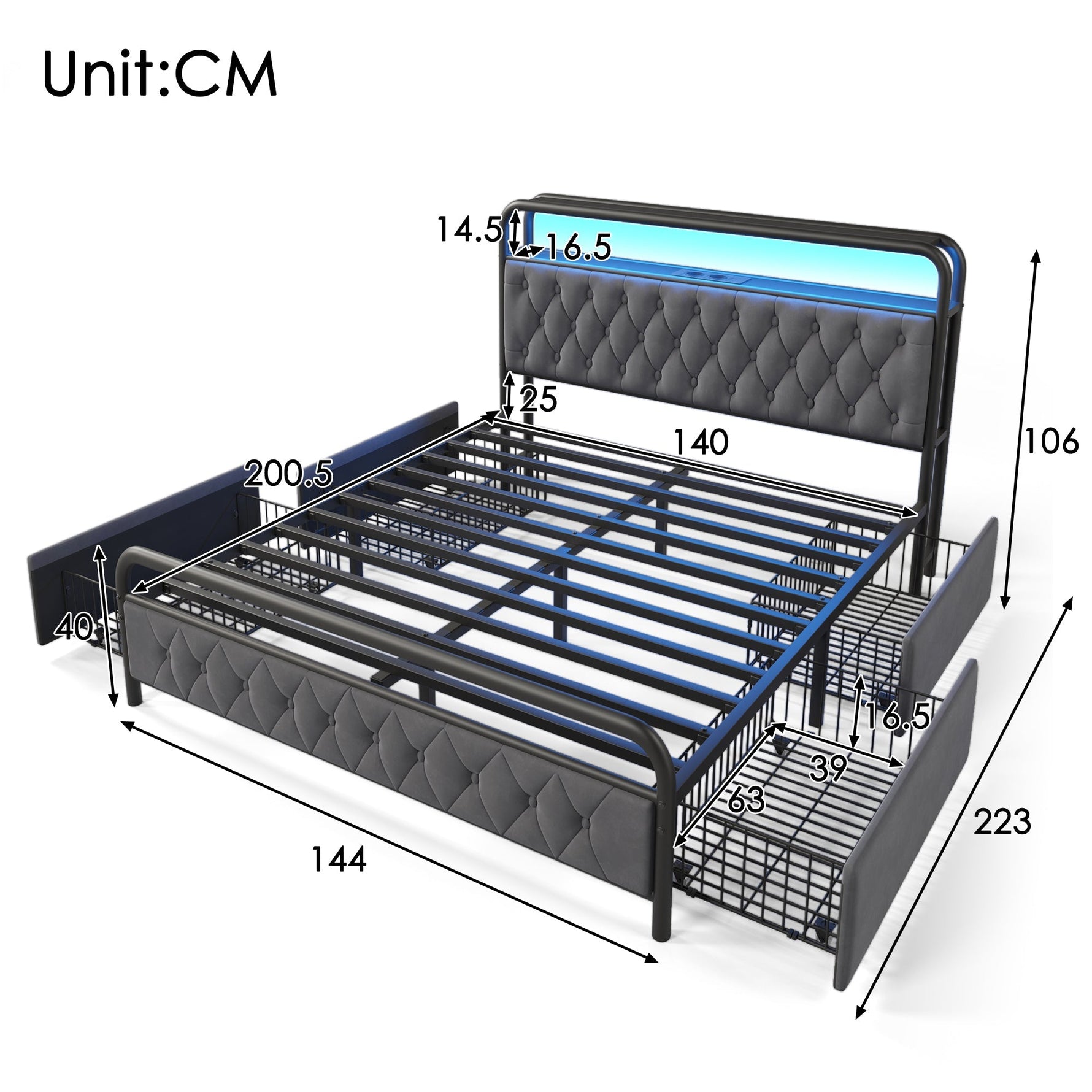 Upholstered Double Bed, USB-C Charging, APP-Control LED, 140x200, 4 Drawers, Velvet