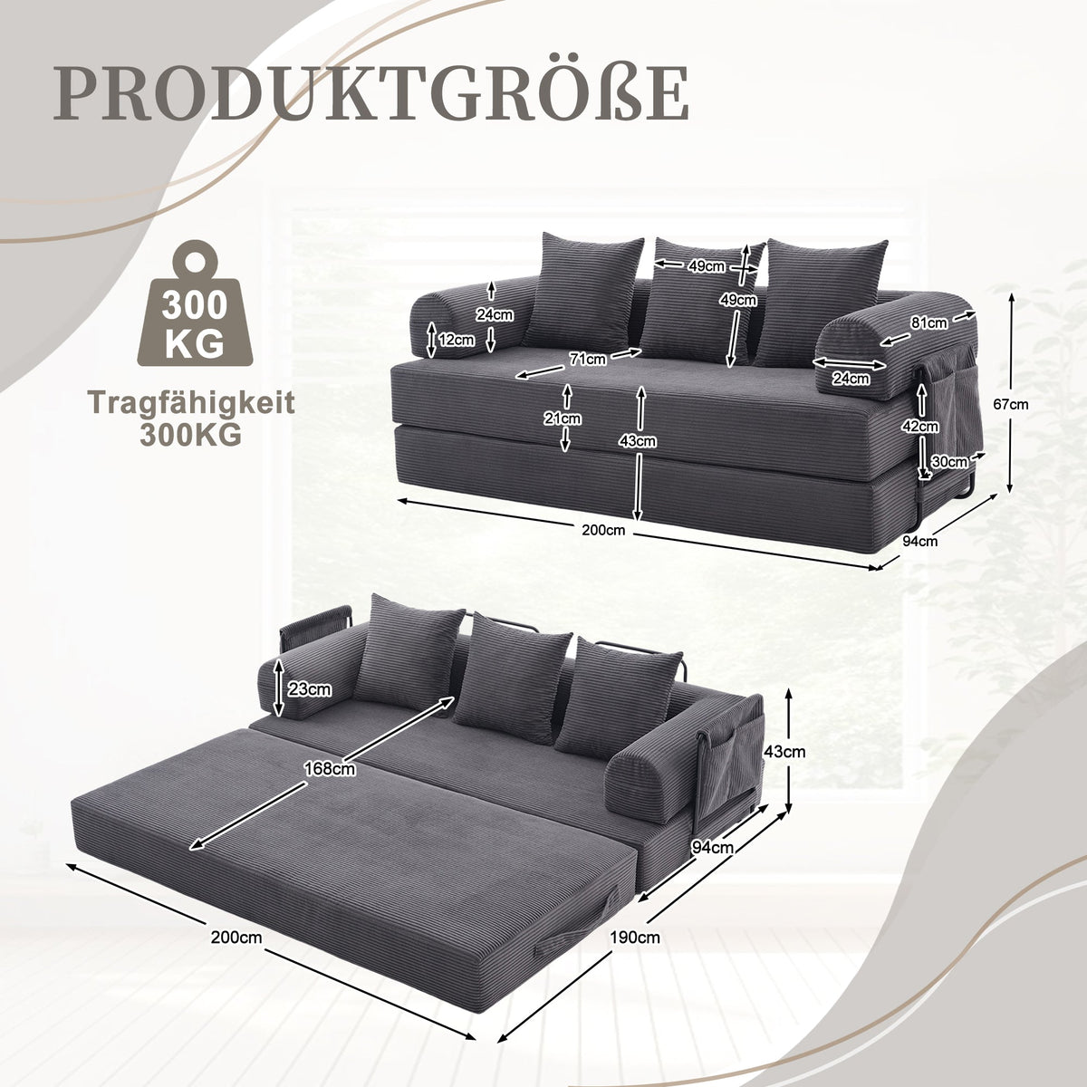 Sofa Foldable Metal Frame with 3 Cushions Side Pockets Dark Grey