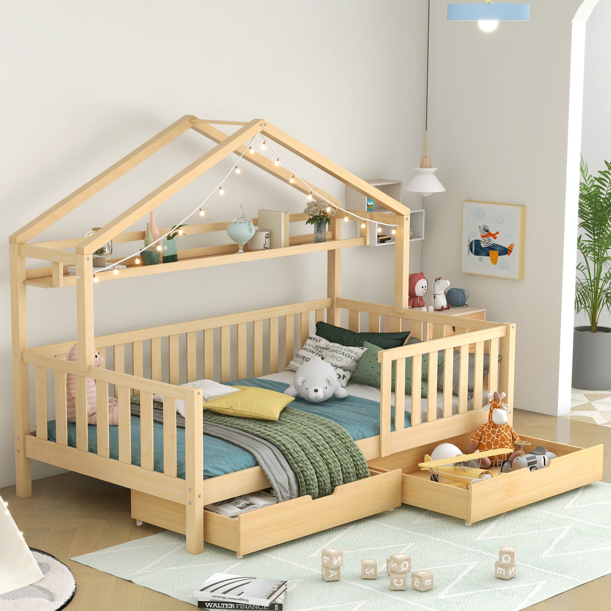 Children's House Bed 90x200cm with Drawers Slatted Base Pine Wood Natural