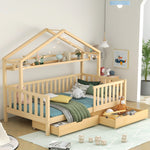 Children's House Bed 90x200cm with Drawers Slatted Base Pine Wood Natural