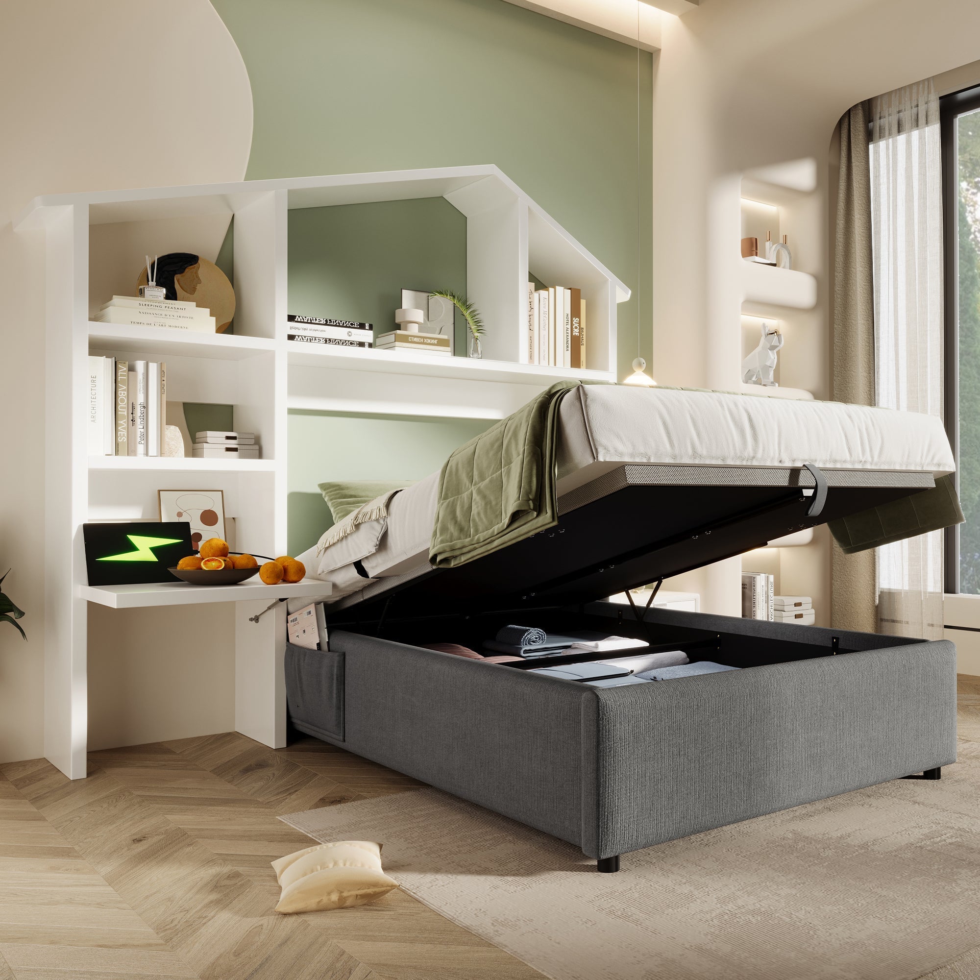 Children's Upholstered Bed, 90x190cm, Hydraulic Storage, USB-C, Linen Grey
