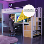 Loft Bed with Desk, Shelf, LED Lighting and Storage Stairs, 90x200cm, White Iron Frame