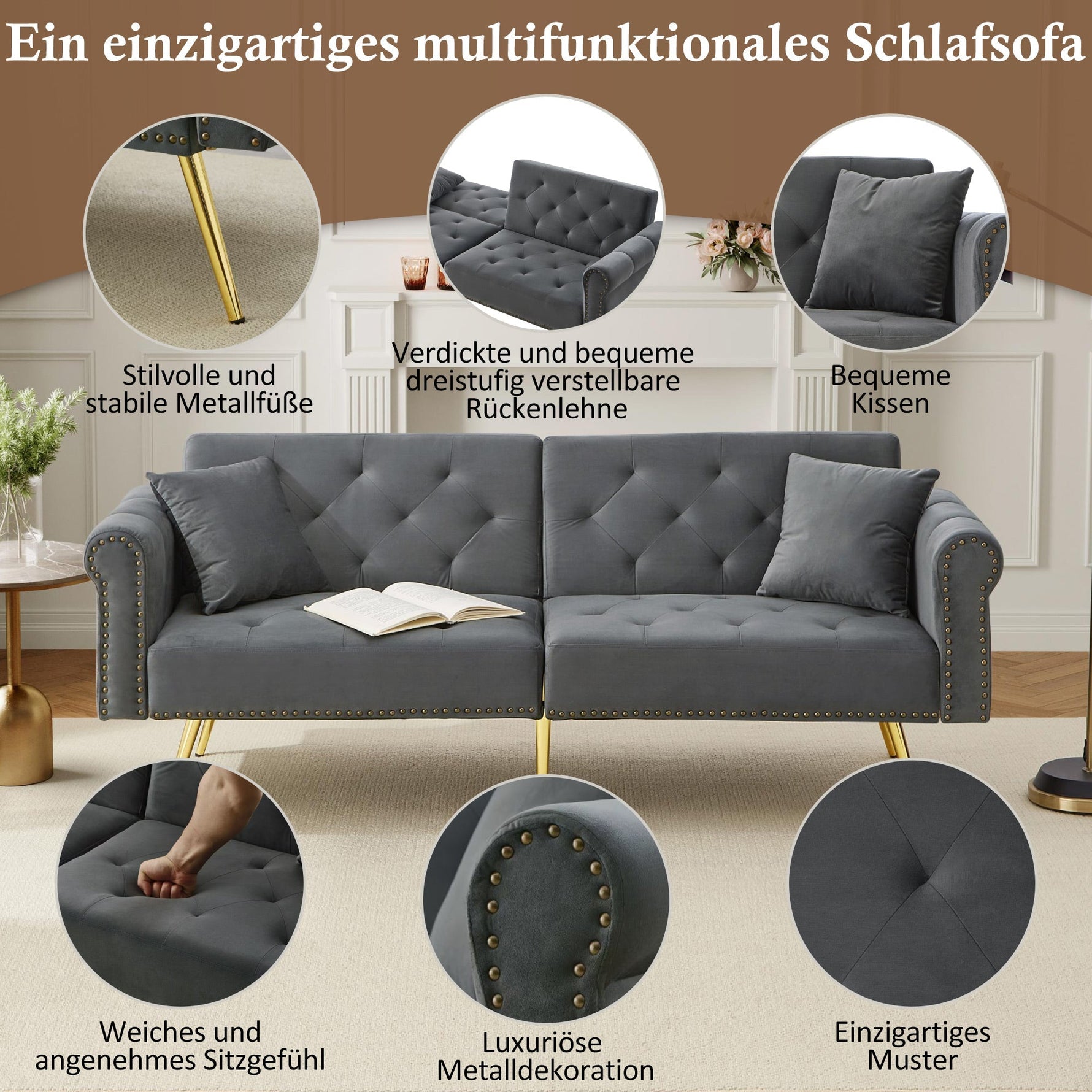 Sofa Bed, Modern 2-Seater with 3-Level Adjustable Backrest, Velvet