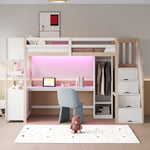 Wooden Loft Bed 90x200cm Wardrobe Desk Storage Stairs LED Sockets Wood Color